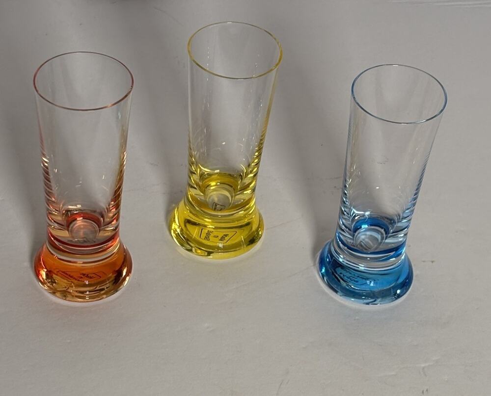 Vtg Lot Of 3 Colorful Shot Glasses Rainbow Barware Shooters Art Deco Slovakia